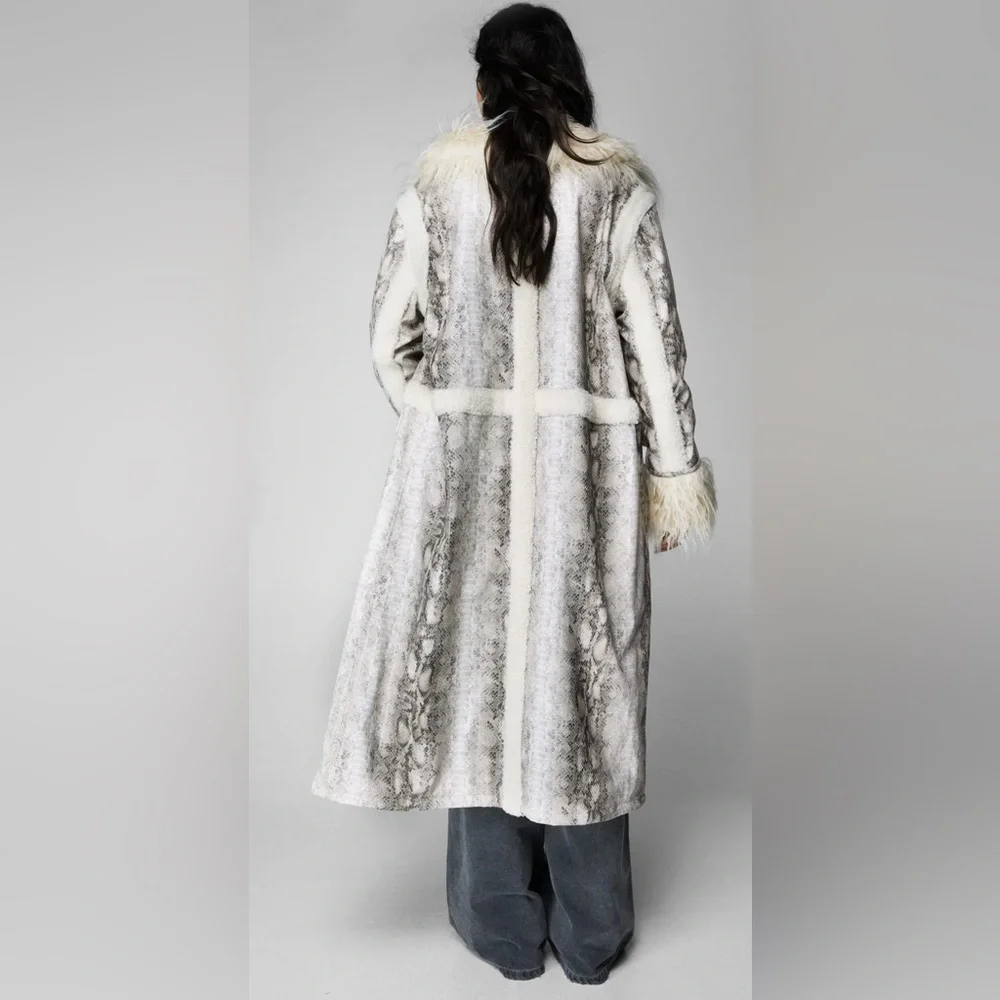 Nasty Gal Womens Snake Print Shearling Trim Longline Aviator Coat - Picture 3 of 12